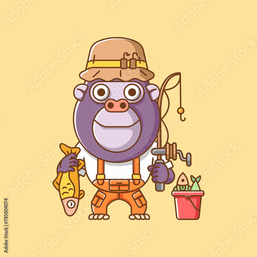 Cute gorilla fisher fishing animal chibi character mascot icon flat line art style illustration concept cartoon © Sabar