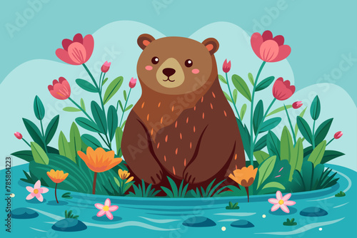 Charming bear animal with flowers on a white background.