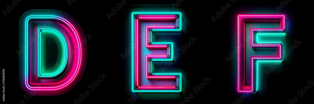 Letters D, E, F, Neon Alphabet: Vibrant Glow Letter Set. - obrazy, fototapety, plakaty 