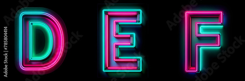 Letters D, E, F, Neon Alphabet: Vibrant Glow Letter Set.