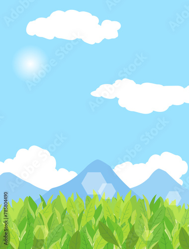 青空と茶畑の景色をイメージしたイラスト　縦型バージョン