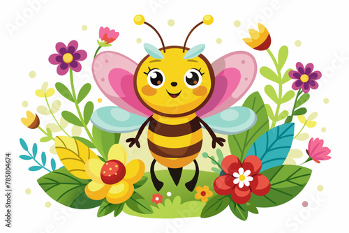 A charming bee cartoon character buzzes amidst vibrant flowers.