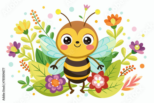 A charming bee cartoon animal with flowers on a white background.