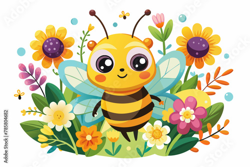 A charming bee cartoon animal buzzes around vibrant flowers on a white background.
