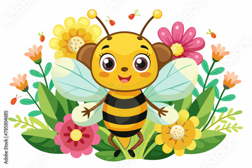 A charming bee cartoon animal buzzes around flowers on a white background.