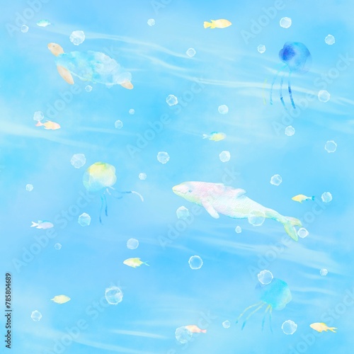 ウミガメやクジラなどの海の生き物たちが楽しそうに泳いでいる海イラスト。水彩画を使った絵本風のかわいい背景素材。