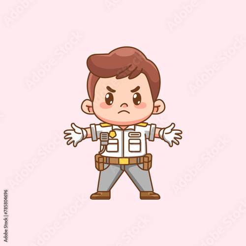 Cute police officer spread arms uniform kawaii chibi character mascot illustration outline style design