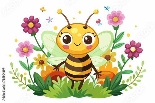 A charming bee cartoon animal with flowers on a white background.