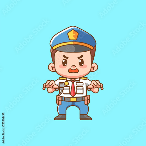 Cute police officer uniform catch kawaii chibi character mascot illustration outline style design
