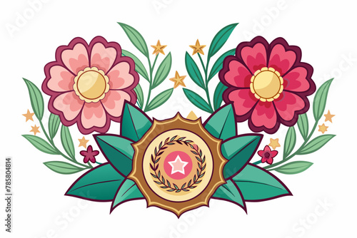Charming badges adorned with vibrant flowers bloom against a pristine white backdrop.