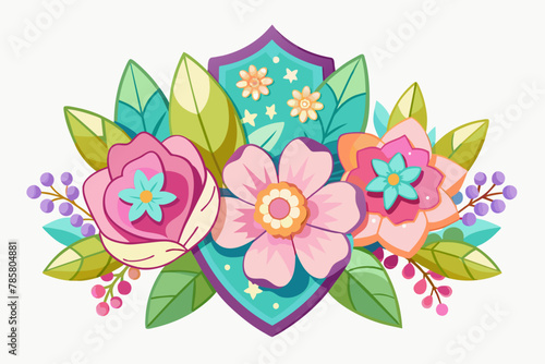 Charming badges adorned with vibrant flowers, set against a pristine white background.