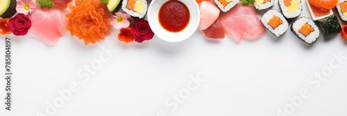 Assorted sushi plate on white background, wide banner for culinary articles and restaurant menu design, copyspase for text. photo