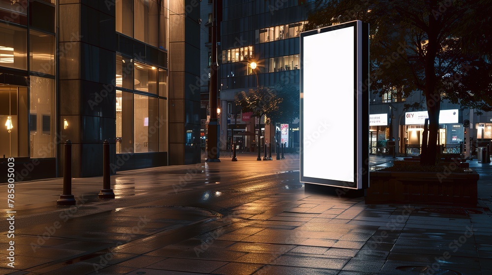 Mockup. Blank white vertical advertising banner billboard stand on the sidewalk at night Mockup. Blank white vertical advertising banner billboard stand on the sidewalk at night
