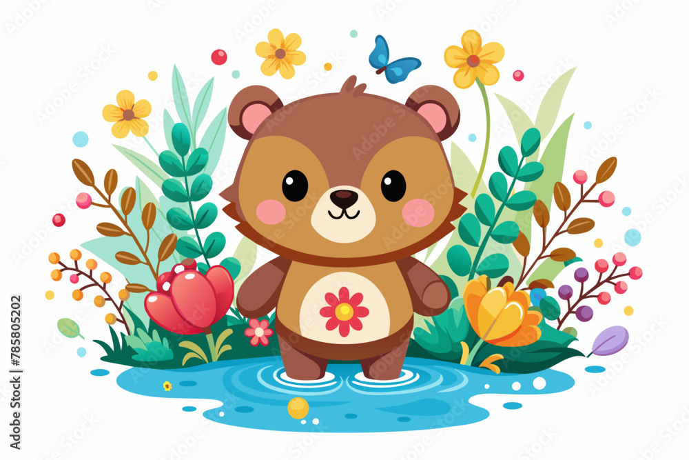 A charming bear with a flower crown poses adorably on a white background. A charming bear with a flower crown poses adorably on a white background.