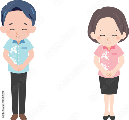 ビジネスの男女お辞儀 イラスト ベクター/かりゆし/アロハシャツ