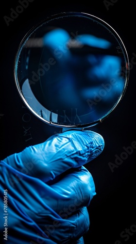 A person in blue gloves carefully inspects an object through a magnifying glass, exploring every detail with curiosity. © Vitalii But