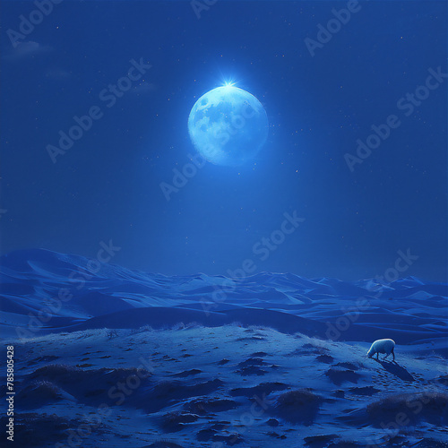  a sheep  at blue night with moon. Eid Al-Adha greeting scene