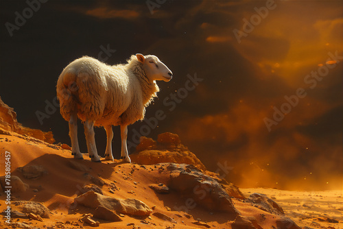 A white sheep  in the  field at sunset Eid Al-Adha greeting scene