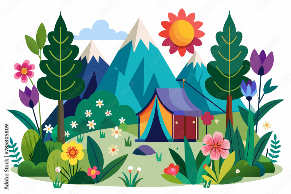 Camp Charming is a beautiful place to spend a day with flowers in bloom against a white background. Camp Charming is a beautiful place to spend a day with flowers in bloom against a white background.