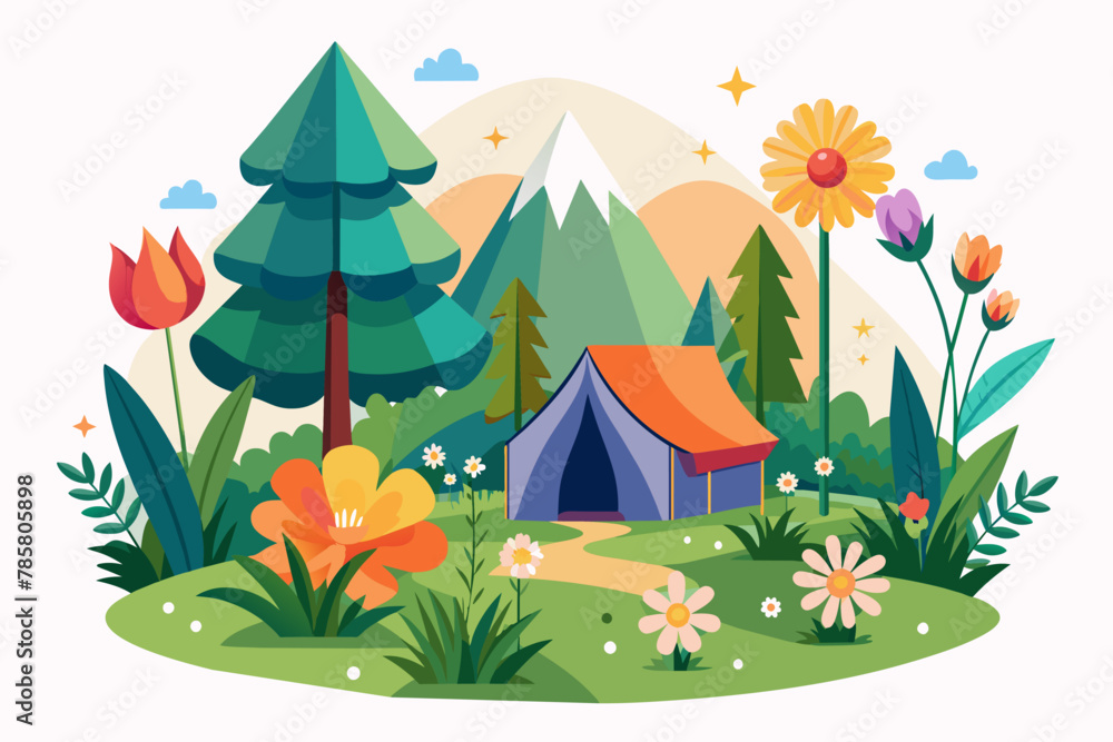 Camp Charming is a beautiful place to spend a day with flowers in bloom against a white background.