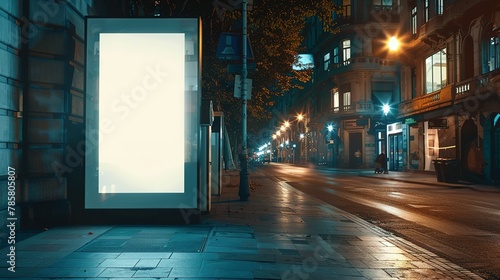 Mockup. Blank white vertical advertising banner billboard stand on the sidewalk at night