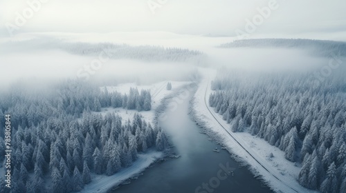 Aerial view of the river in the winter forest. Beautiful winter landscape.