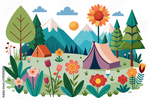 Charming campsite adorned with vibrant blooms on a pristine white backdrop
