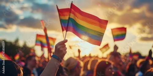 Vibrant Pride celebration with multiple people waving rainbow flags at sunset, symbolizing LGBTQ+ community unity and diversity, during a peaceful event.