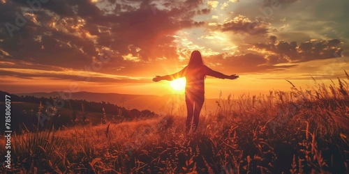 Serene sunset silhouette of one person with outstretched arms in golden field, vibrant summer evening colors, freedom concept, wellbeing theme. photo