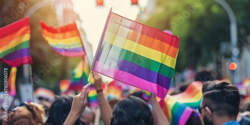 Vibrant Pride parade with multiple people waving rainbow flags, symbolizing LGBTQ+ unity and celebration, in sunny outdoor setting.