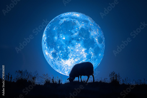  A  sheep against moon at blue night. Eid Al-Adha greeting scene photo
