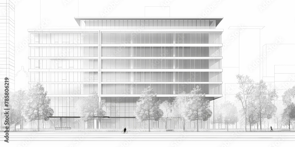 Elegant architectural drawing of modern office building with trees and two people, black and white tones, minimalist urban design concept. Copy space.