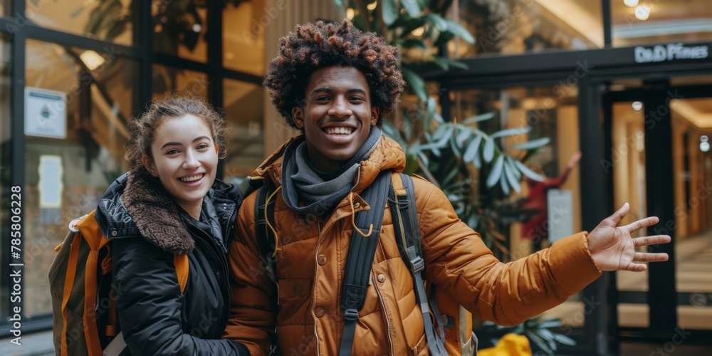 Joyful diverse friends exploring city, two young adults, African American male and Caucasian female, smiling outdoors, wearing winter jackets.