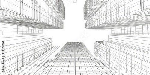 Intricate black and white wireframe of skyscrapers, modern urban architecture, concept for futuristic city planning. Copy space.