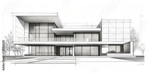 Modern architectural black and white sketch of spacious contemporary house with geometric design, large windows, and minimalistic style. Copy space.
