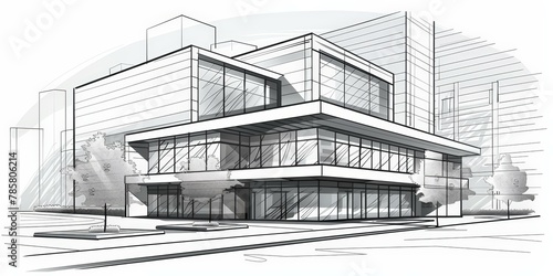 Elegant monochrome sketch of modern office building, architectural design concept, with detailed facade and surroundings, urban planning theme.