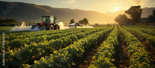 Tractor spraying pesticides on potato field with sprayer at sunset. photo