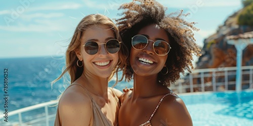 Joyful multiethnic women with sunglasses by the sea, summer vacation mood, blue and orange tones, friendship and travel theme. © BrightWhite