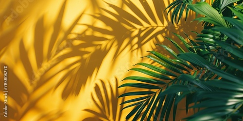 Sunny tropical palm leaves with dynamic shadows on vibrant yellow background, evoking summer and vacation vibes. Copy space.