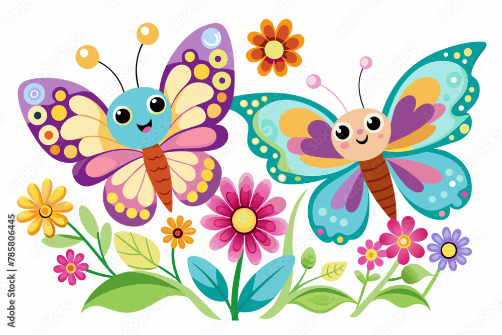 Charming cartoon butterflies flutter amidst colorful flowers. Charming cartoon butterflies flutter amidst colorful flowers.