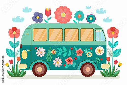 A charming cartoon bus adorned with vibrant flowers traverses a white background.