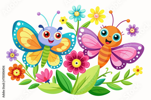Butterflies  flowers  and charming cartoon animals create a captivating and whimsical scene.