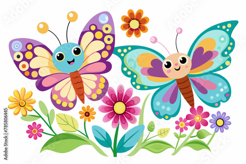 Charming cartoon butterflies flutter amidst colorful flowers.