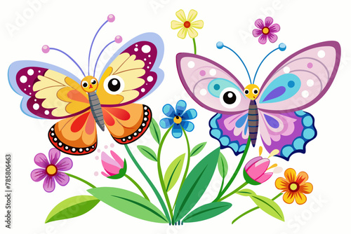 Charming cartoon butterflies flutter amidst vibrant flowers, creating a whimsical scene.