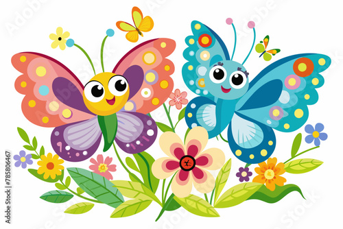 Charming cartoon butterflies flutter amidst vibrant flowers, creating a whimsical scene. © Johanddss
