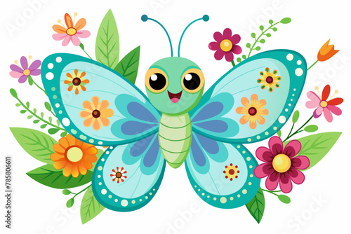 The charming butterfly animal cartoon flutters amidst vibrant flowers, creating a whimsical and enchanting scene.