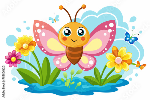 A charming cartoon butterfly flutters amidst vibrant flowers.