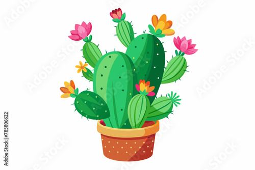 A charming cactus adorned with vibrant flowers blossoms against a pristine white background.