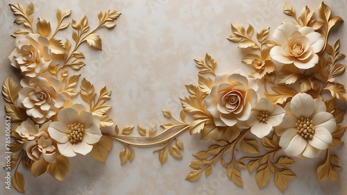 Light decorative texture of a plaster wall with voluminous decorative flowers and golden elements.