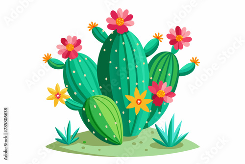 Charming cactus with vibrant flowers blooms gracefully against a pristine white background.